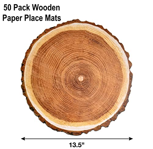 Gift Boutique Disposable Wooden Slice Paper Place Mats 50 Pack 13.5 Inch Round Rustic Brown Wood Slices Charger Place Mat For Farmhouse Tan Table Setting Summer Spring Fall Wedding Dinner Party Decor thumb #1