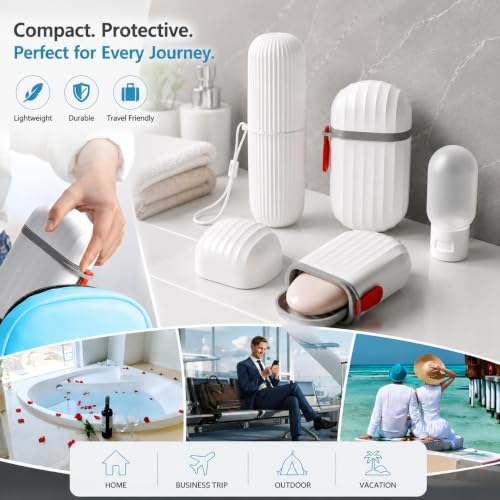 Image of OSLEN 3-in-1 Travel Toiletry Kit with Toothbrush Holder, Travel Soap Case & Refillable Silicone Travel Bottle | Portable Travel Bathroom Accessories Set | Leakproof, Lightweight (White)