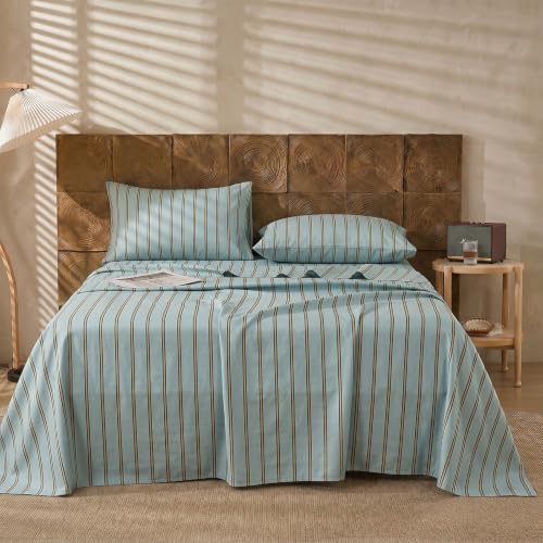 Image of Merryword Green and Orange Striped Sheet Set Queen Size - 100% Cotton Striped Bedding 4 Pieces, Soft Breathable Percale Weave, 17.5 inch Deep Pocket, Luxury Linen Like, All Season Comfort
