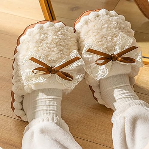 HANDKEI Women's cute bow anti slip thick rubber sole plush slippers for home and indoor use3