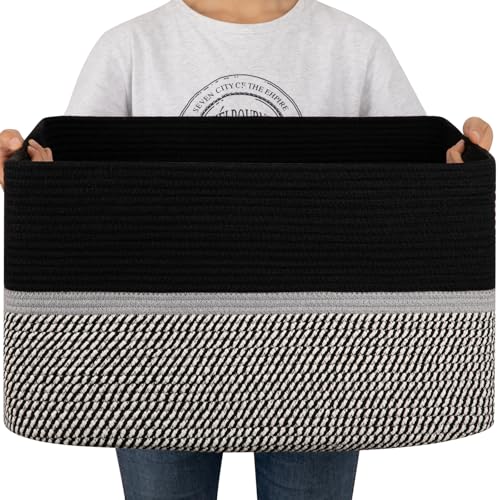 Image of OIAHOMY 75L Laundry Basket, Extra Large Toy Storage Basket, Rectangle Cotton Rope Storage Basket, Blanket Basket Living Room, Woven Baskets for Storage, 22 x 17 x 12 Inches-Black/White