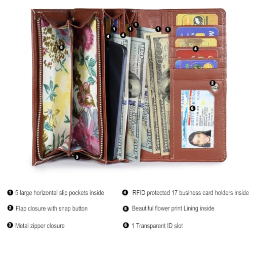 Image of Women's Top Grain Leather Wallet, RFID Blocking Bifold clutch, 17 Card Slots, Zip Pocket Organizer, Elegant Gift for Women - Birthday, Valentine, Anniversary - RUST