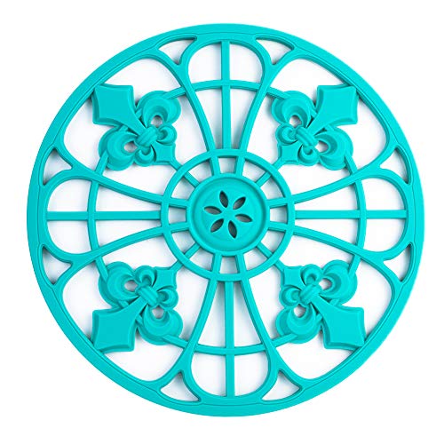 Silicone Trivet Set for Hot Dishes, Pots & Pans. These Kitchen Hot Pads 'Fleur De Lis' Design (Symbol of Royalty) Mimics Cast Iron Trivets Without Scratching (7.5 inch Round, Set of 3, Teal)