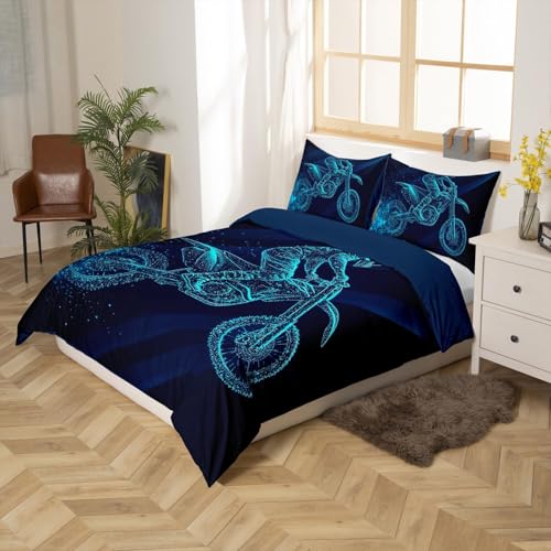 Parure de lit motocross bleu fluo en microfibre avec housse et taie d'oreiller