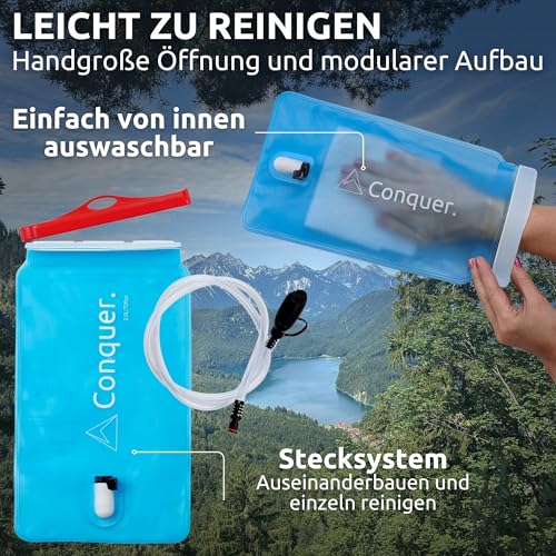Conquer. Trinkblase 2L mit abnehmbarem Trinkschlauch & Biss-Ventil | BPA-freie Wasserblase als Trinksystem für Trinkrucksack | Joggen, Wandern, Running, Radfahren, Outdoor – Bild 6