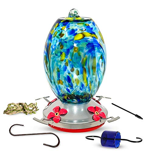 Hummingbird Feeder - HQ Blown Glass - High Capacity Nectar - Vibrant Colors Attract Hummingbirds - Free Mounting Kit (Sky Blue)