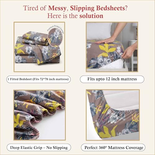 Image of Dream Weaverz- Polycotton Printed Double Bed Size Fitted Elastic Bedsheet,2 Pillow Cover,260 Thread (72 inch x 78 inchx7 inch) Home, Bedroom (Brown-Yellow, King)