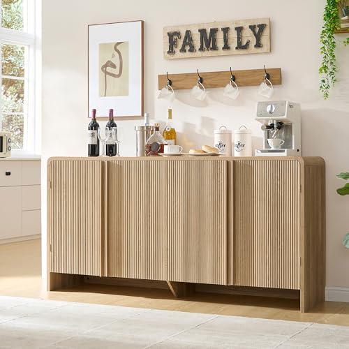 Image of AMERLIFE 63 inch Fluted Sideboard Buffet Cabinet with Storage, Modern Credenza Console with 4 Doors & Adjustable Shelves, Wood Coffee Bar for Kitchen, Living Room, Hallway, Natural Oak