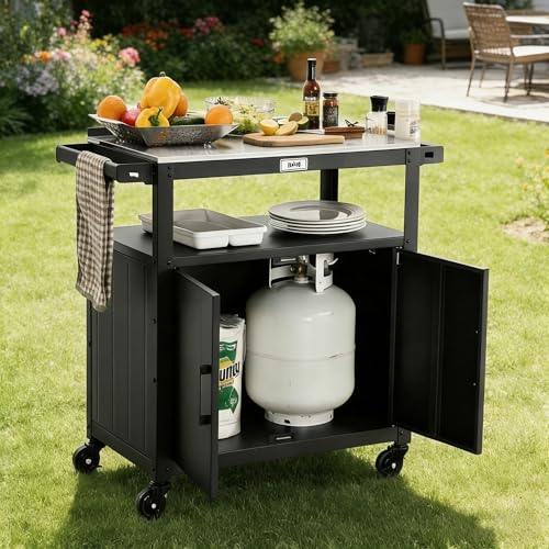 Feasto Outdoor Grill Cart with Stainless Steel Tabletop and Storage Cabinet, Movable Kitchen Island with Wheels for BBQ Food Prep, Black by Feasto - Image 7