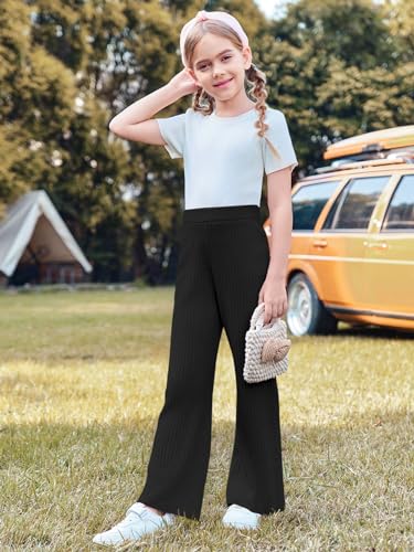 Image of Haloumoning Girls Solid Rib Knit Wide Leg Pants Elastic Waist Flowy Casual Sweater Pants 5-14 Years