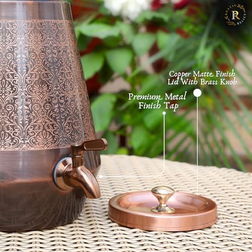 Image of Antique Copper Water Matka - 8L | with Eye Catching Embosed Engraving Design | Copper Water Storage Dispenser with Ayurvedic Health Beneifts | for Home and Offices Purpose
