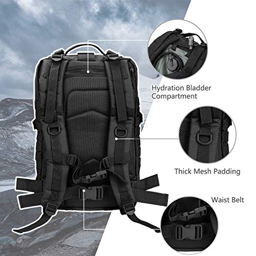 Image of Hannibal Tactical MOLLE Assault Backpack, Tactical Backpack Military Army Camping Rucksack, 3-Day Pack, D-Rings, Black with Gray Patch