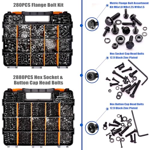 Image of Taiss 3160PCS Metric Flange Bolt Assortment Kit,Nuts and Bolts Assortment Kit M2 M3 M4 M5 M6x1.0 M8x1.25 M10x1.5 Bolt(4-45mm) 42 Sizes Hex Socket Button & Cap Head Metric Screw 10.9 Black Zinc Plated