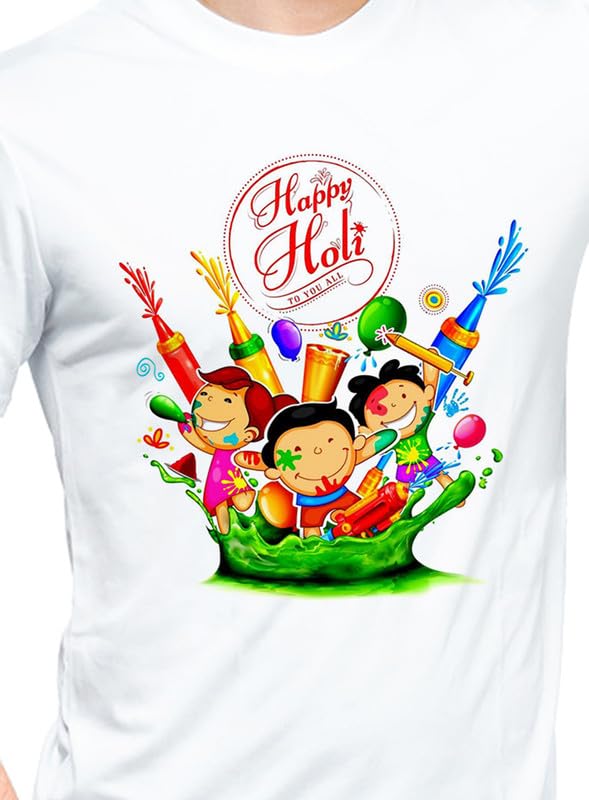 Image of Knitted Polycotton Fabric Regular Fit Men Boys Half Sleeve T-Shirt for Festival of Holi Style 18 White Size : Free