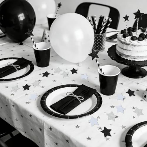 Image of 200Pcs Glitter Black White Silver Star Table confetti,Paper Star Confetti for Birthday Party Halloween Bachelorette Wedding Baby Shower Graduation Decorations