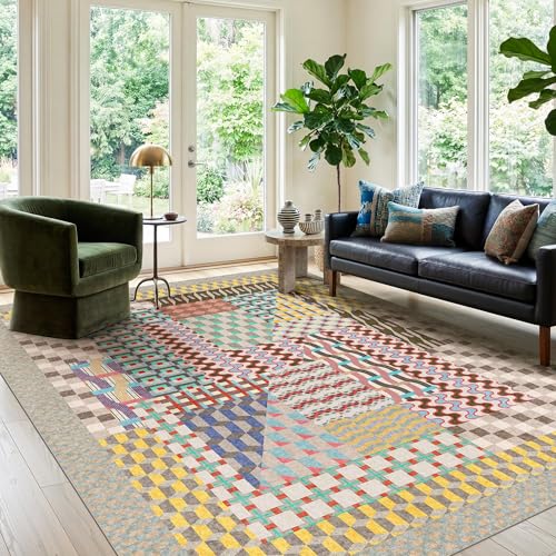 Kokia 8x10 Modern Geometric Washable Rug for Living Room Bauhaus Multicolor
