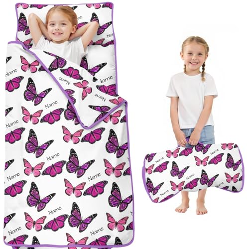 Personalized Toddler Nap Mat for Preschool Daycare Kindergarten, Custom Name Kids Nap Mat with Pillow and Blanket, Butterfly Sleeping Bag for Girls, Toddlers Napping Sack