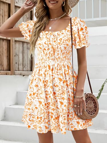Image of Womens Babydoll Mini Dress Casual Square Neck Short Sleeve Summer Dresses | Empire Waist, Smocked, Flowy, Short Beach Dress, Vacation, Floral, Boho