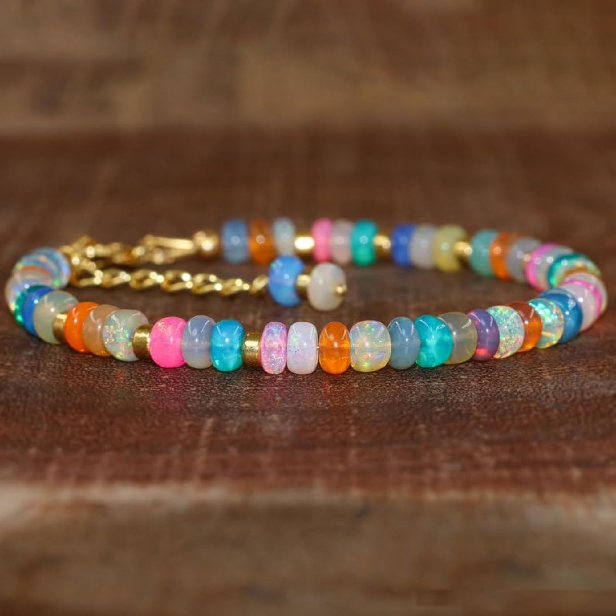 Ethiopian Multi Opal Rondelle Beaded Bracelet with Gold Lock