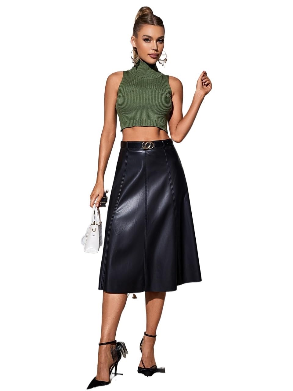 Gonna Pelle，Gonna Pelle Donna Gonna svasata in pelle PU da donna Gonna longuette solida a vita alta retrò Elegante gonna chic da donna con cintura
