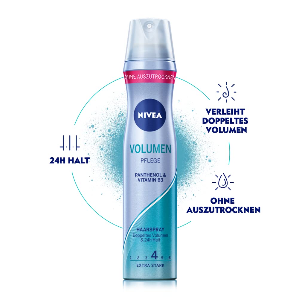 NIVEA Volume & Hold Styling Spray, wzmacniający lakier do włosów z ochroną UV, pantenol i witamina B3, lakier do włosów dla widocznej większej objętości i utrzymuje się przez 24 godziny (poziom