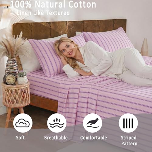 Image of Merryword 100% Cotton Sheet Set Full Size - Pink & Purple Striped Bedding, Soft Breathable Percale Weave, Deep Pocket Fitted Sheet 17.5 inch, Luxury & Silky Soft Sheet Set for All Seasons