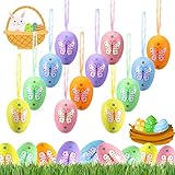 Dekewe 12 Stück Ostereier zum Aufhängen, 6 cm Ostereier Plastik Groß, Ostereier Deko, Plastikeier Bunt mit Seidenband, Deko-Ostereier zum Aufhängen, Ostern Dekorationen als Kinder Ostern Basteln
