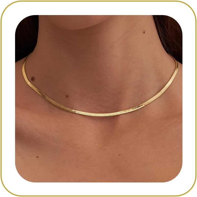 Gold Necklace for Women-14K Plated/S925 sterling silver Snake Chain Necklace Dainty Simple Chunky Herringbone Necklace Gold Choker Necklaces Jewelry for Women Mothers Day Gifts for Mom