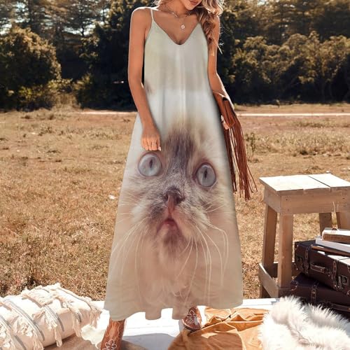 Robe maxi col V décontracté avec imprimé chat blanc mignon