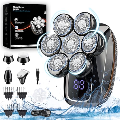 Afeitadora eléctrica para barba, afeitadora de pelo cabeza calva para hombre 7D, cortapelos 5 en 1, kit impermeable, húmedo y seco, 100% lavable, con 6 cabezales giratorios para cabello, barba, nariz,