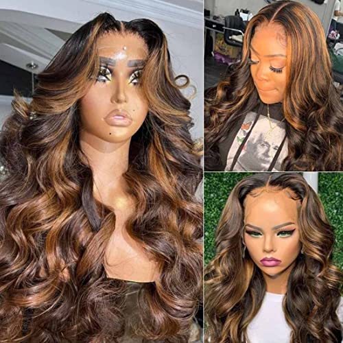 Image of Beauty Forever Balayage FB30 Body Wave Highlight 13x4 Lace Front Human Hair Wigs for Women 10A Brazilian Hair Ombre Brown Blonde Lace Frontal Wigs Pre Plucked with Baby hair 150% Density 20 Inch