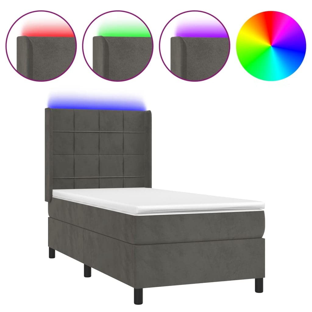 aksamitne LED regulowany zagłówek 100x200 cm szary | Łóżko kontynentalne szary aksamit 100x200cm z materacem sprężynowym i LED do sypialni