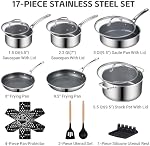 Ammeloo Hybrid Stainless Steel Cookware Set, 17-Piece Tri-Ply Pots and Pans Set Non Stick, Induction Kitchen Cookware Sets, Dishwasher & Oven Safe, PFOA Free, All Cooktops Compatible, Navy Blue
