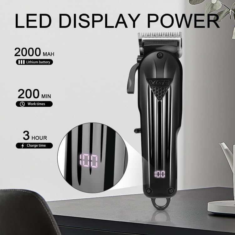 VGR V-282 Hair Clipper showing LED display with battery and charging information: 2000 mAh Lithium battery, 200 min Work times, 3 hour Charge time.