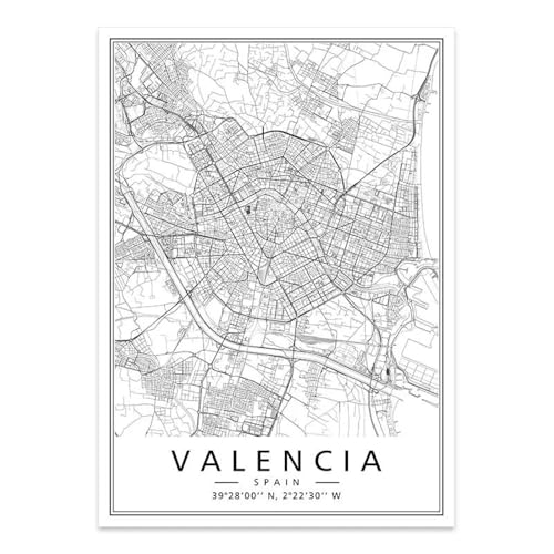 Pósteres Minimalistas De Ciudades De España En Blanco Y Negro Con Mapas De Valencia, Impresiones Artísticas De Pared, Lienzo, Pintura Para Sala De Estar, Decoración Del Hogar. 30X40Cm Sin Marco