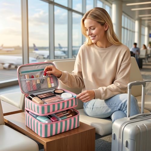 Bolsa organizadora de esmalte de uñas de doble capa: diseño elegante a rayas verdes 3