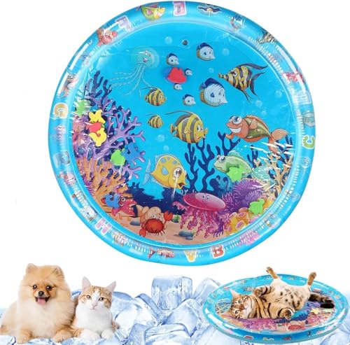 Cat Water Mats Cat Cooling Pad Cat Water Bed Play Mat New Thickened Water Sensory Play Mat for Cats Dog Ocean-Themed Round Sensory Non-Slip Playmat Floating Fish for Kitten Cats(39.4x39.4 in)