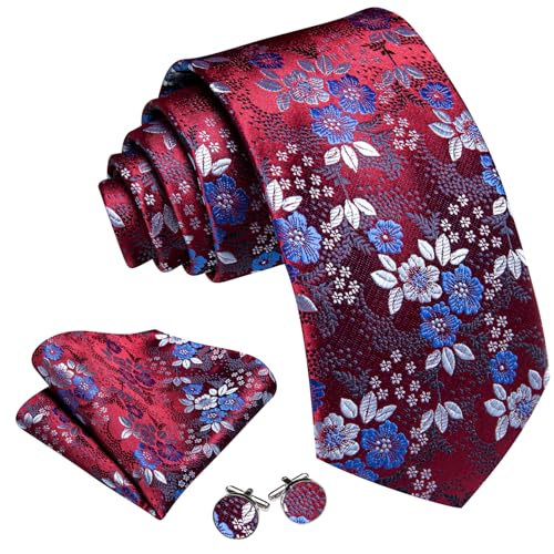 Image of Barry.Wang Flower Ties for Men Handkerchief Cufflinks Set Wedding Necktie Set Party