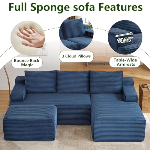 Image of 96.1 inch Modular Sectional Sofa with Ottoman, Modern Corduroy Cloud Couch, Boneless Couch Upholstered 3-Seater U-Shaped Sofa for Living Room, No Assembly (Blue, Right-Facing Chaise)