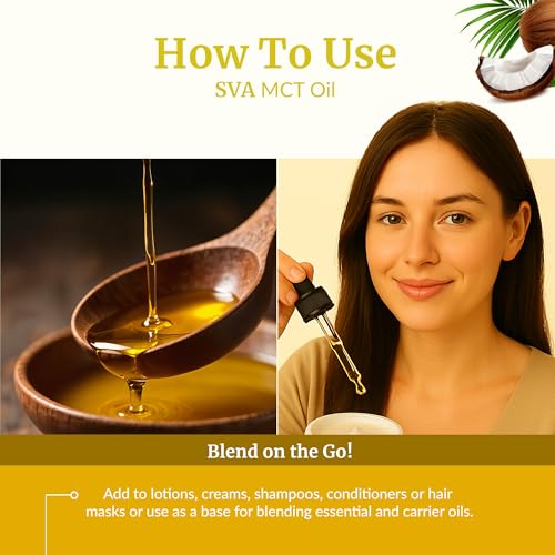 Image of SVA Organic MCT Carrier Oil, Huge Bottle, Large Size, 16 Oz (473 ml) | Organic MCT Oil for Skin Care, Face Care, Hair Care, Body Massage, Scalp Massage, Blending, Dilution & DIY Beauty Blends