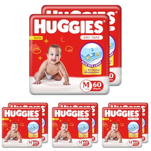 Image of Huggies Complete Comfort Dry Tape Medium (M) Size Baby Tape Diapers, 120 count with 5 in 1 Comfort (60 Count, Pack of 8)