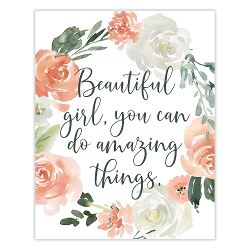 Image of Coral Pink, White, Green Flower Word Wall Art | Inspirational 11x14 UNFRAMED Rose Watercolor Print | ‘Beautiful Girl, You Can Do Amazing Things’ | Botanical, Floral, Farmhouse Home Decor