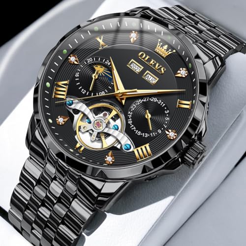 Image of OLEVS Automatic Watches for Men Self Winding Mechanical Skeleton Luxury Dress Stainless Steel Diamond Men Wrist Watches