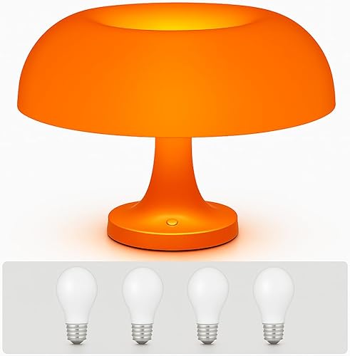 Miniatura 7 de Lámpara de hongo naranja con 4 bombillas reemplazables, luz de hongo moderna retro de mediados de siglo para dormitorio, mesita de noche o escritorio