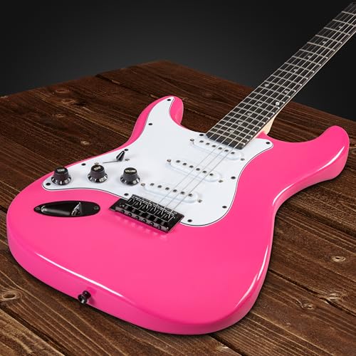 Image of LyxPro Left Hand 39 Inch Electric Guitar and Starter Kit for Lefty Full Size Beginner's Guitar, Amp, Six Strings, Two Picks, Shoulder Strap, Digital Clip On Tuner, Cable and Soft Case - Pink