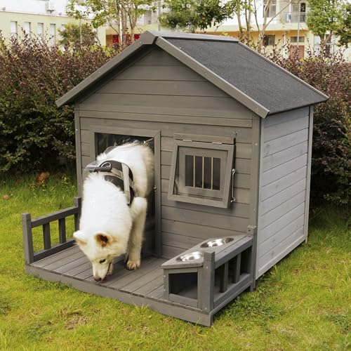 Pisipe 犬小屋屋外用ドッグハウス ナチュラル木製 防雨加工 四季対応 愛犬用 屋外室内兼用 頑丈 保温 大型犬 中型犬 ペットベッド (バルコニーユニット + ドアカーテン)