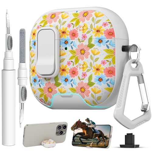 Image of for AirPods 4 Case with Safty Lock & Phone Stand,Cute Floral Pattern Style | PC & TPU Dual Layer Protective Cover with Keychain & Cleaner Pen for Apple AirPod 4th Generation 2024 Women (Dahlia)