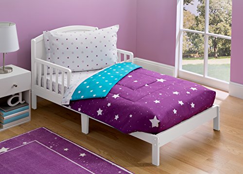 Delta Children 4 Piece Toddler Bedding Set for Girls - Reversible 2-in-1 Comforter - Includes Fitted Comforter to Keep Little Ones Snug, Bottom Sheet, Top Sheet, Pillow Case - Purple Stars Night - image 2