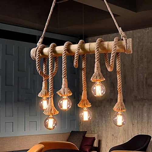 Kinbolas Lámpara colgante de bambú de cuerda de cáñamo, lámpara de techo industrial vintage, lámpara de araña colgante rústica 40 W E27 para cocina, sala de estar, comedor, bar, cafetería (6 lámparas) Cover