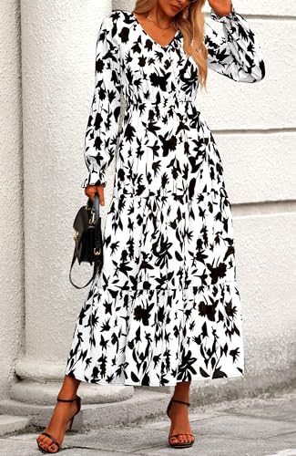 BTFBM Women Fall Dresses 2025 Casual Long Sleeve V Neck Maxi Dresses Floral Boho Long Dress Wedding Guest Dress